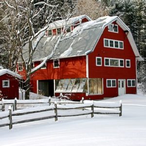 Handsome Red Barn in the snow at West Hill House B&B