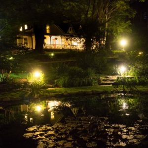 Looking over the pond at night at West Hill House B&B